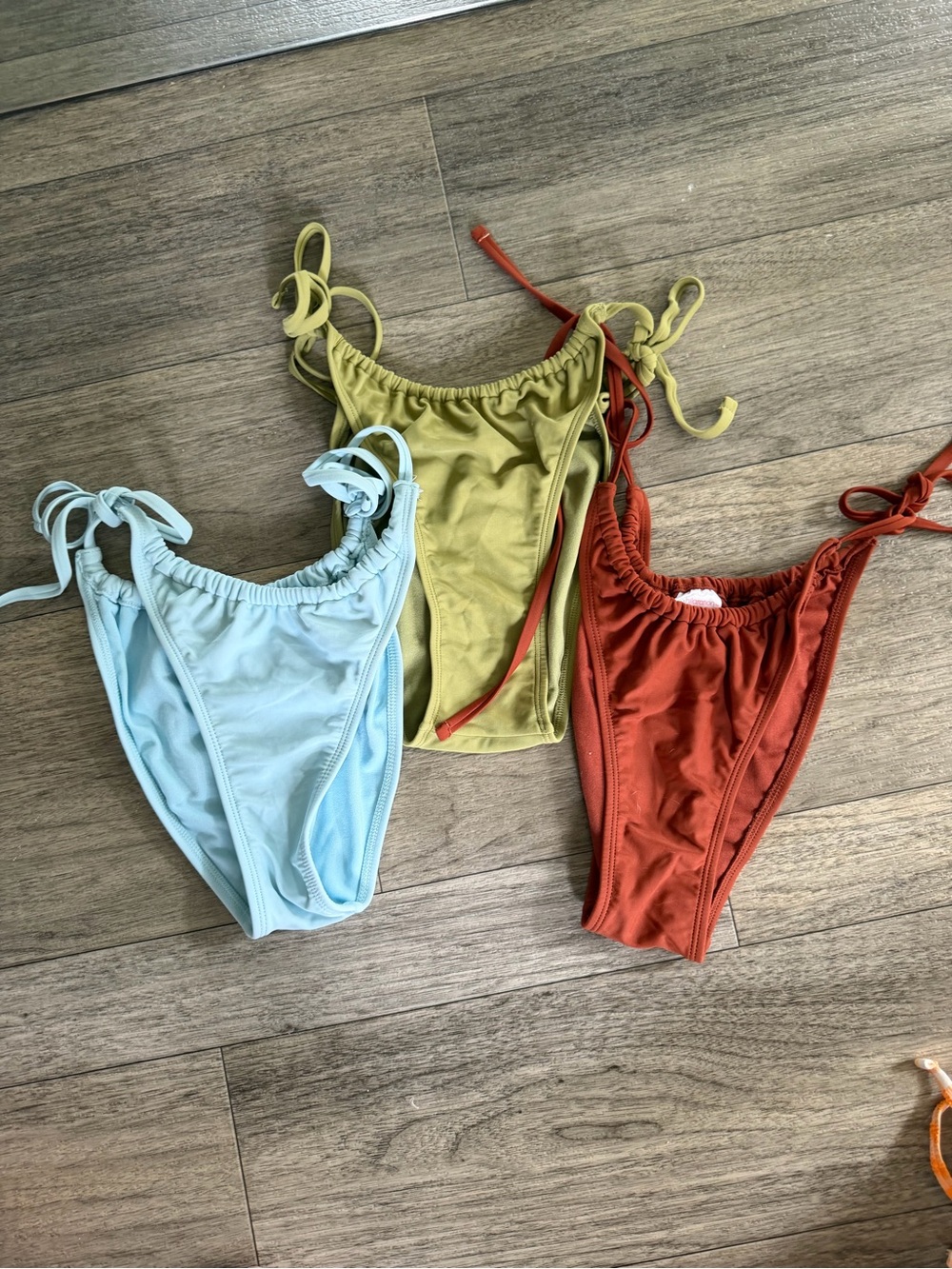 ALL SIZE LARGE. 3 Pack Tie-Side Bikini Bottoms - Light Blue, Olive Green, Rust
